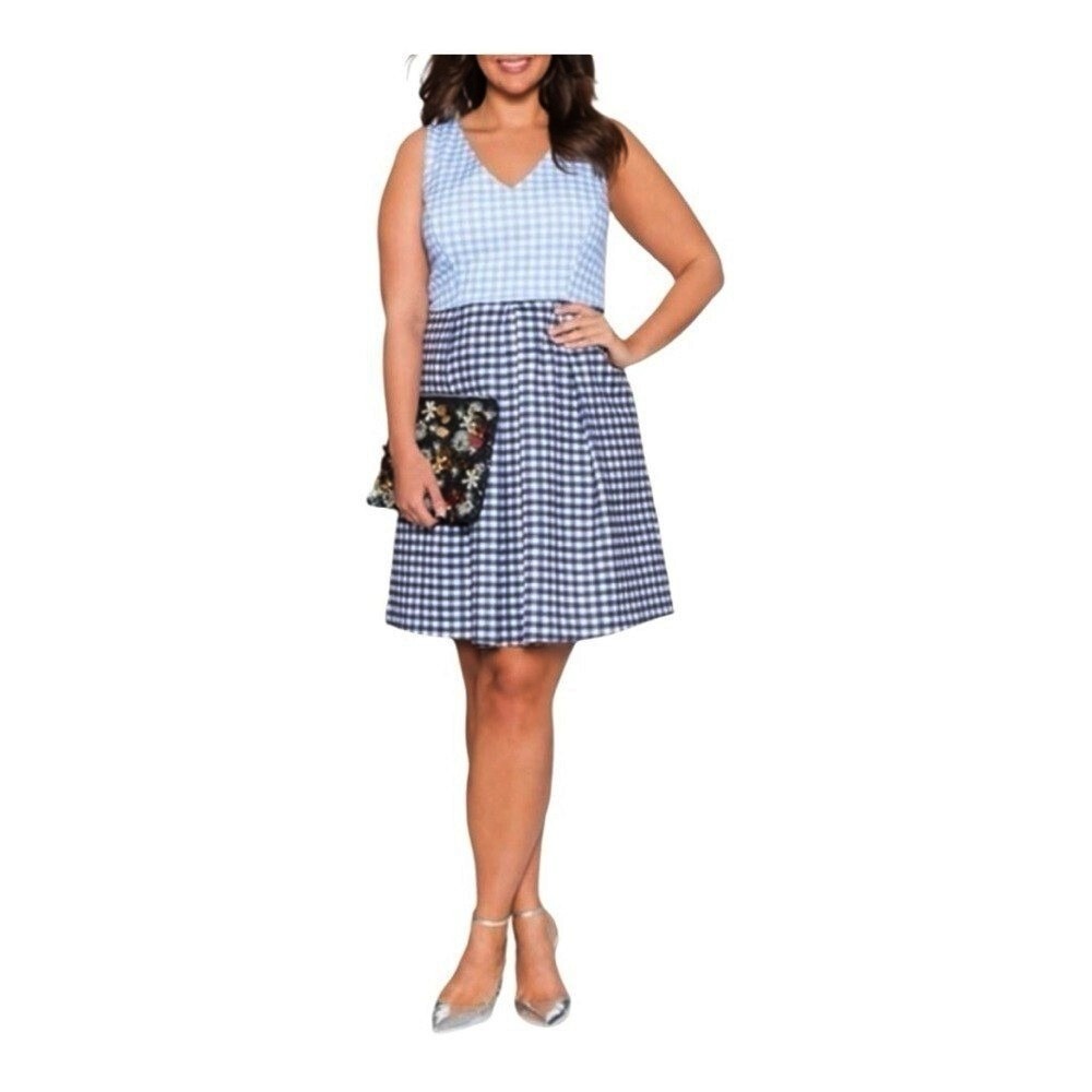 Eloquii Gingham Fit and Flare Dress Womens 20 Blue Navy Mixed‎ Print Sleeveless